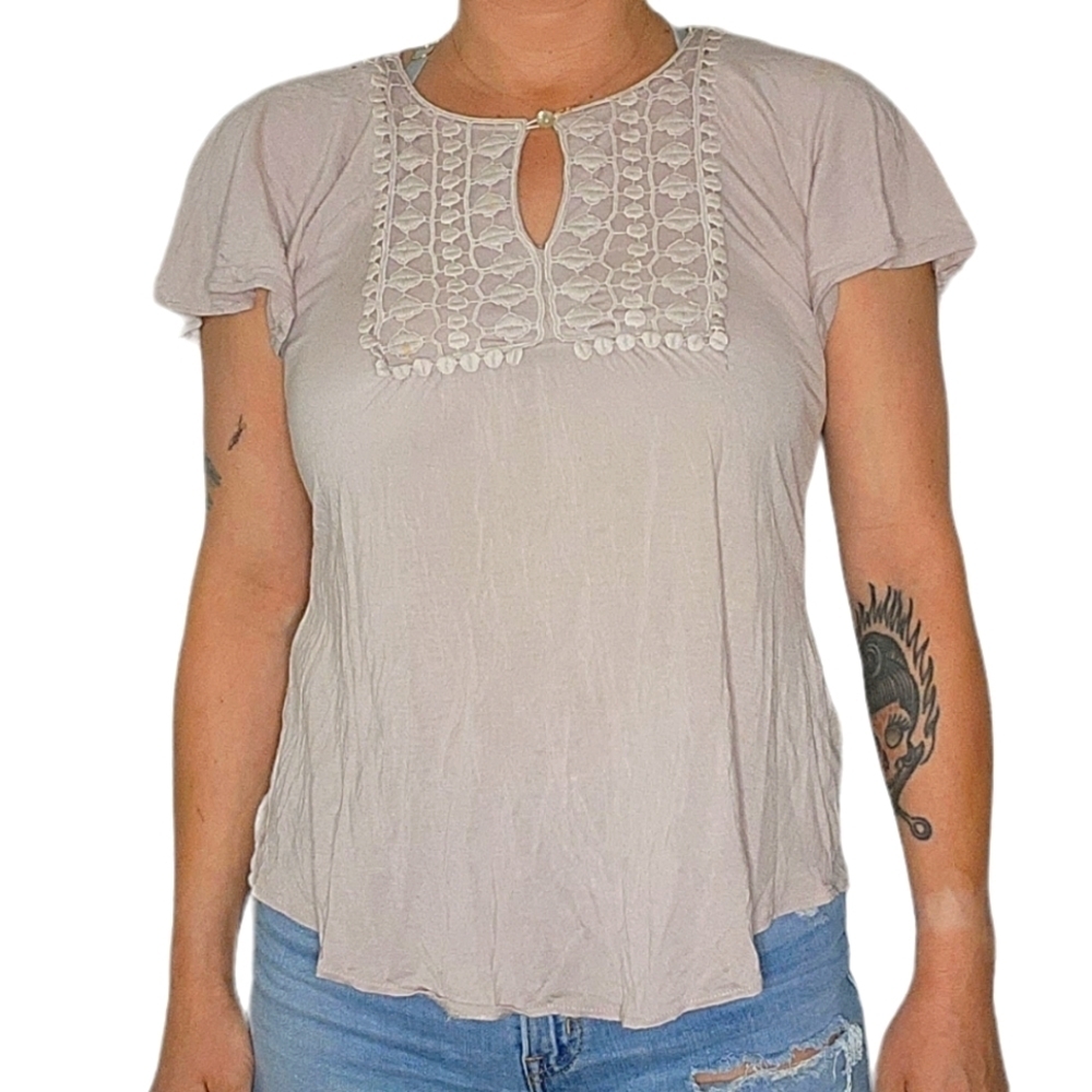Kische Cap Sleeve Modal Embroidered Blouse Grey Size Small